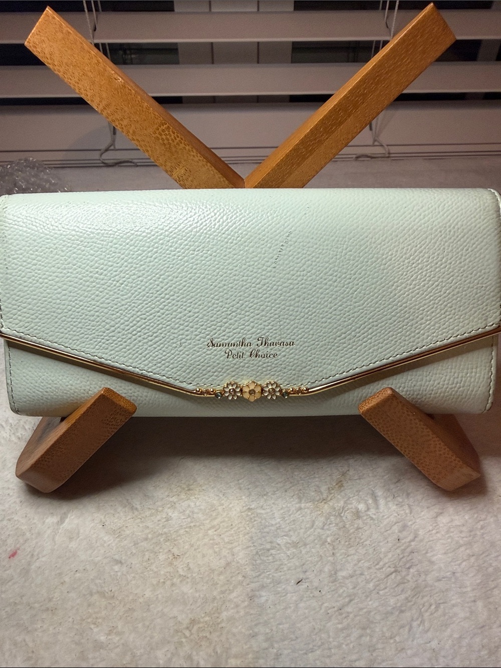 Samantha Thavasa Mint Green Petit Choice Pebbled Leather Wallet with Gold Trim